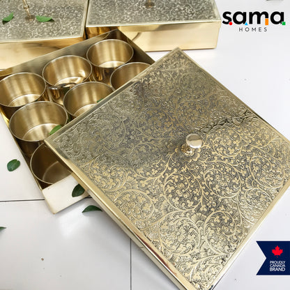 Brass Spice Box Square Shape | Matte & Glossy Finish | Masaladani | Masala box 9 Compartments | Handmade - Sama Homes