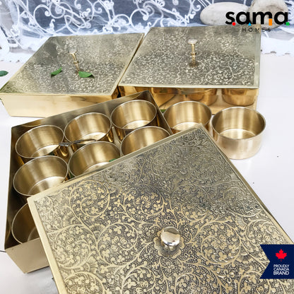 Brass Spice Box Square Shape | Matte & Glossy Finish | Masaladani | Masala box 9 Compartments | Handmade - Sama Homes