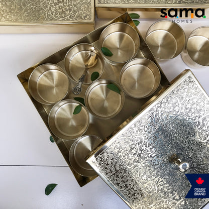 Brass Spice Box Square Shape | Matte & Glossy Finish | Masaladani | Masala box 9 Compartments | Handmade - Sama Homes