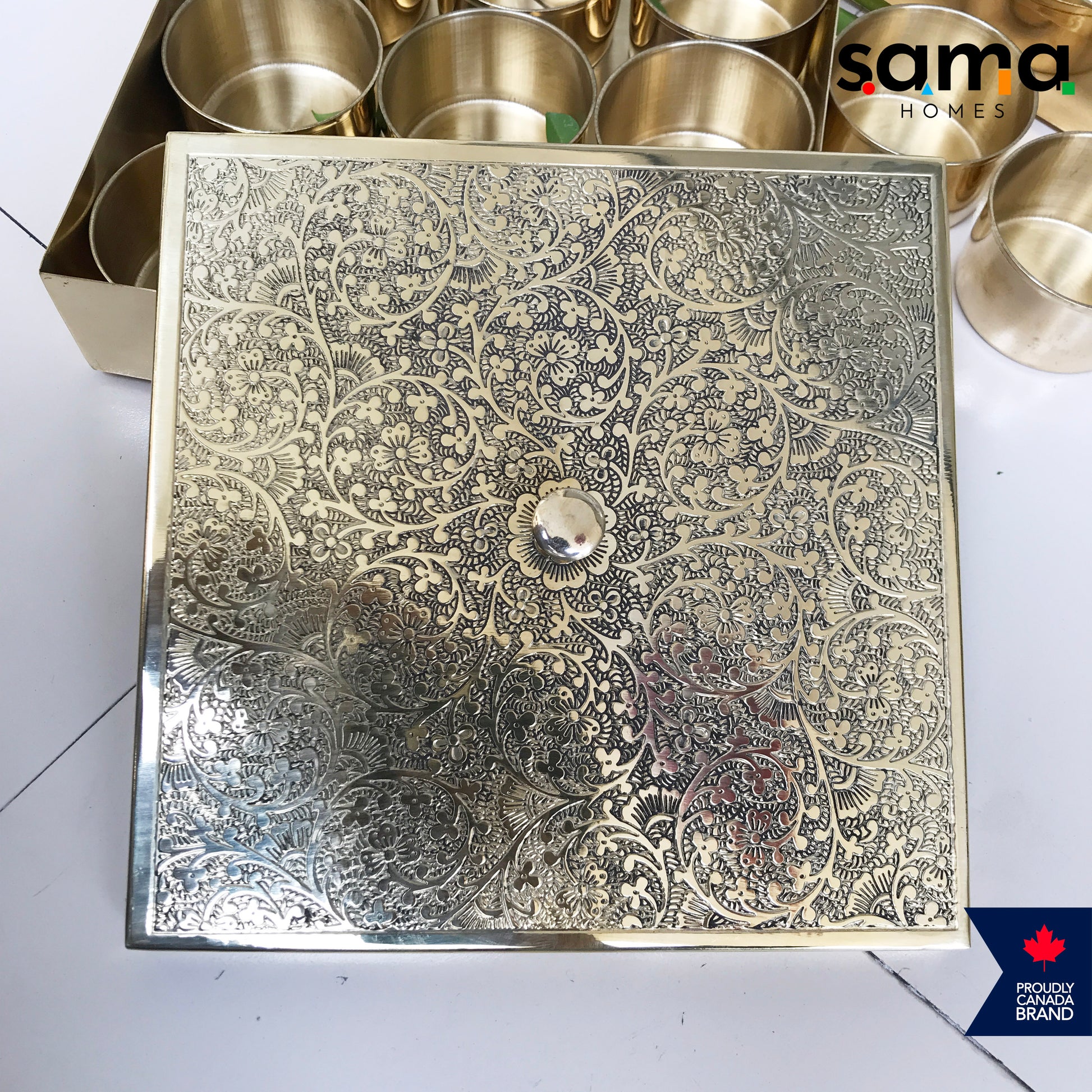 Brass Spice Box Square Shape | Matte & Glossy Finish | Masaladani | Masala box 9 Compartments | Handmade - Sama Homes