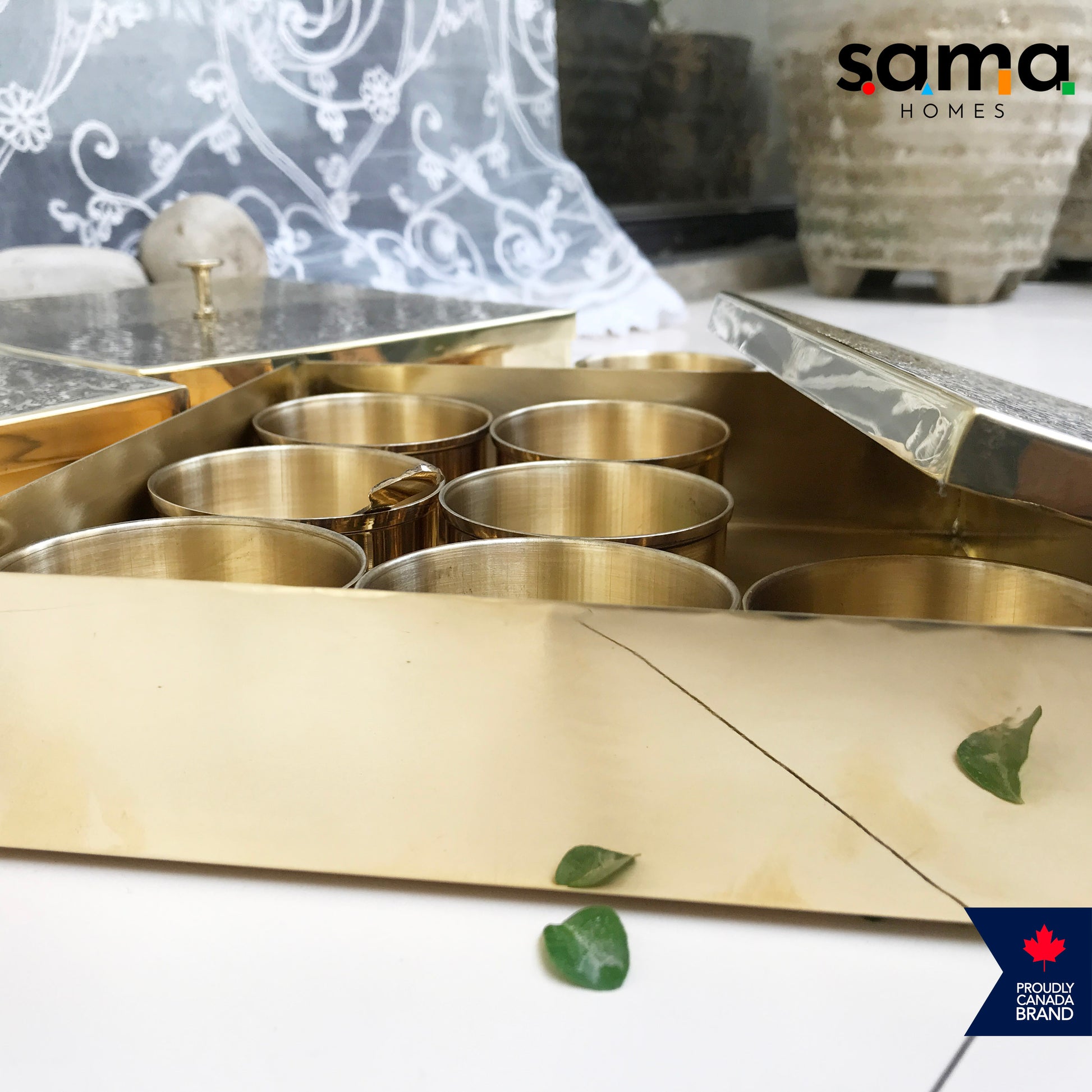 Brass Spice Box Square Shape | Matte & Glossy Finish | Masaladani | Masala box 9 Compartments | Handmade - Sama Homes