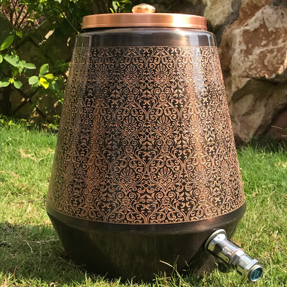 Pure Copper Water Dispenser | Conical Antique Engraved Design | Capacity 5 & 8 Liter - Sama Homes