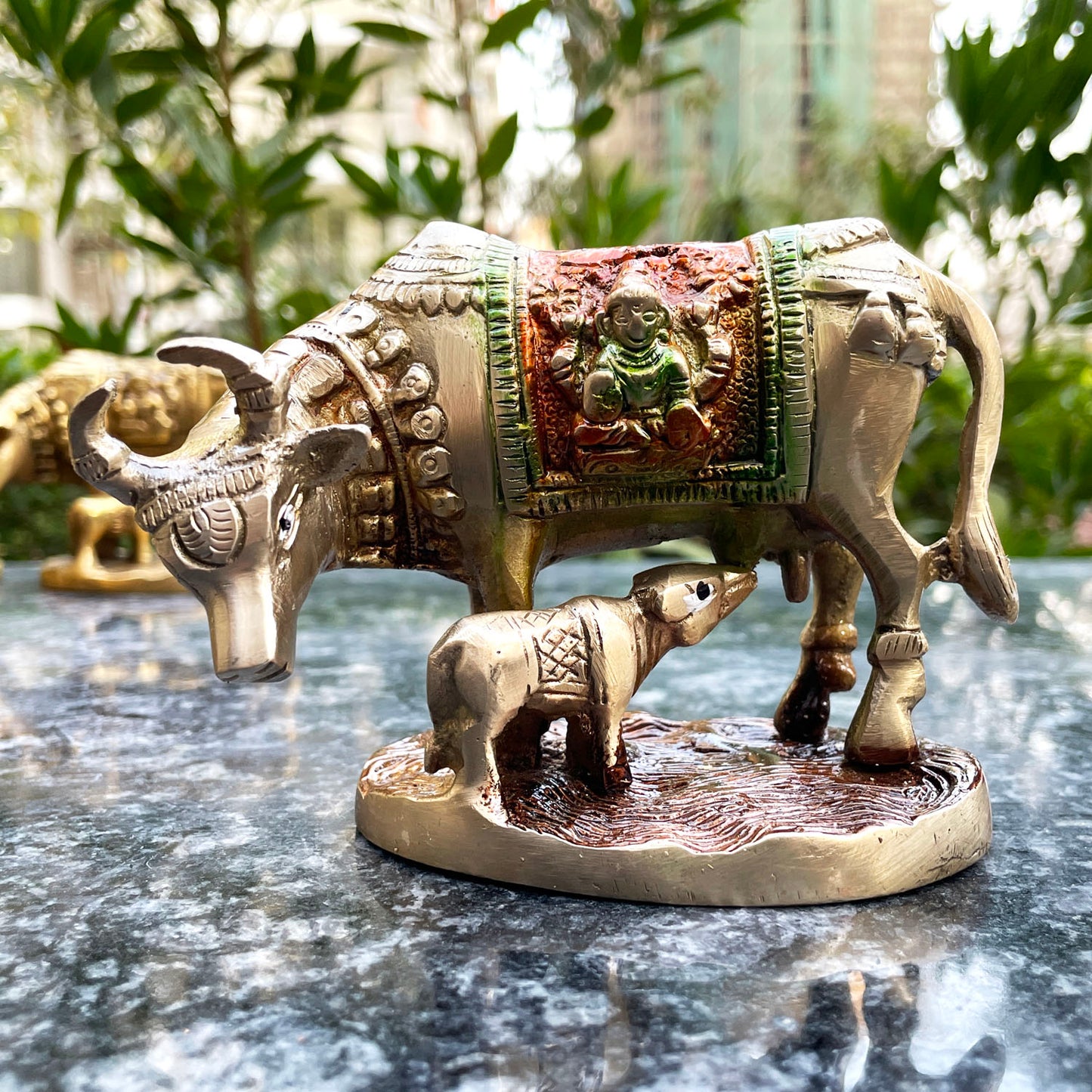 Brass Colourful Kamdhenu Cow with Calf