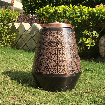Pure Copper Water Dispenser | Conical Antique Engraved Design | Capacity 5 & 8 Liter - Sama Homes