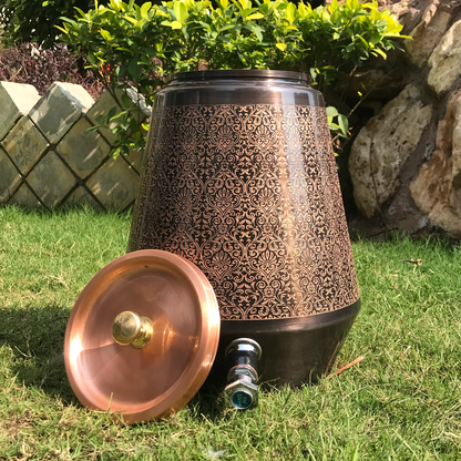 Pure Copper Water Dispenser | Conical Antique Engraved Design | Capacity 5 & 8 Liter - Sama Homes