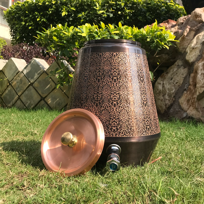 Pure Copper Water Dispenser | Conical Antique Engraved Design | Capacity 5 & 8 Liter - Sama Homes