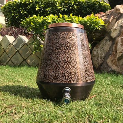 Pure Copper Water Dispenser | Conical Antique Engraved Design | Capacity 5 & 8 Liter - Sama Homes