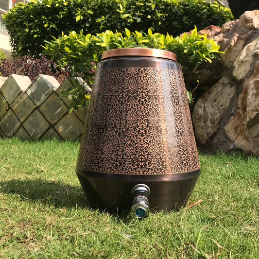 Pure Copper Water Dispenser | Conical Antique Engraved Design | Capacity 5 & 8 Liter - Sama Homes