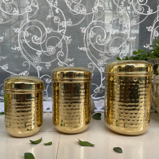 Brass Hammered Storage Canister Set | Pulse Storage Box | Pantry Essentials | Deep Dabba Box | Dal Box | Available in Set - Sama Homes