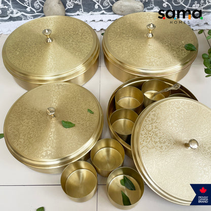 Elegant Handcrafted Brass Spice Box Etched Design | Matte Finish | Masala Box | 7 Containers with Spoon | 7 Inches and 9 Inches - Sama Homes