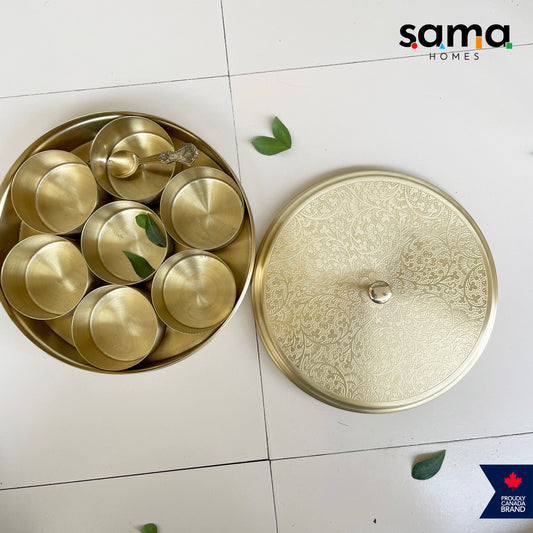 Elegant Handcrafted Brass Spice Box Etched Design | Matte Finish | Masala Box | 7 Containers with Spoon | 7 Inches and 9 Inches - Sama Homes
