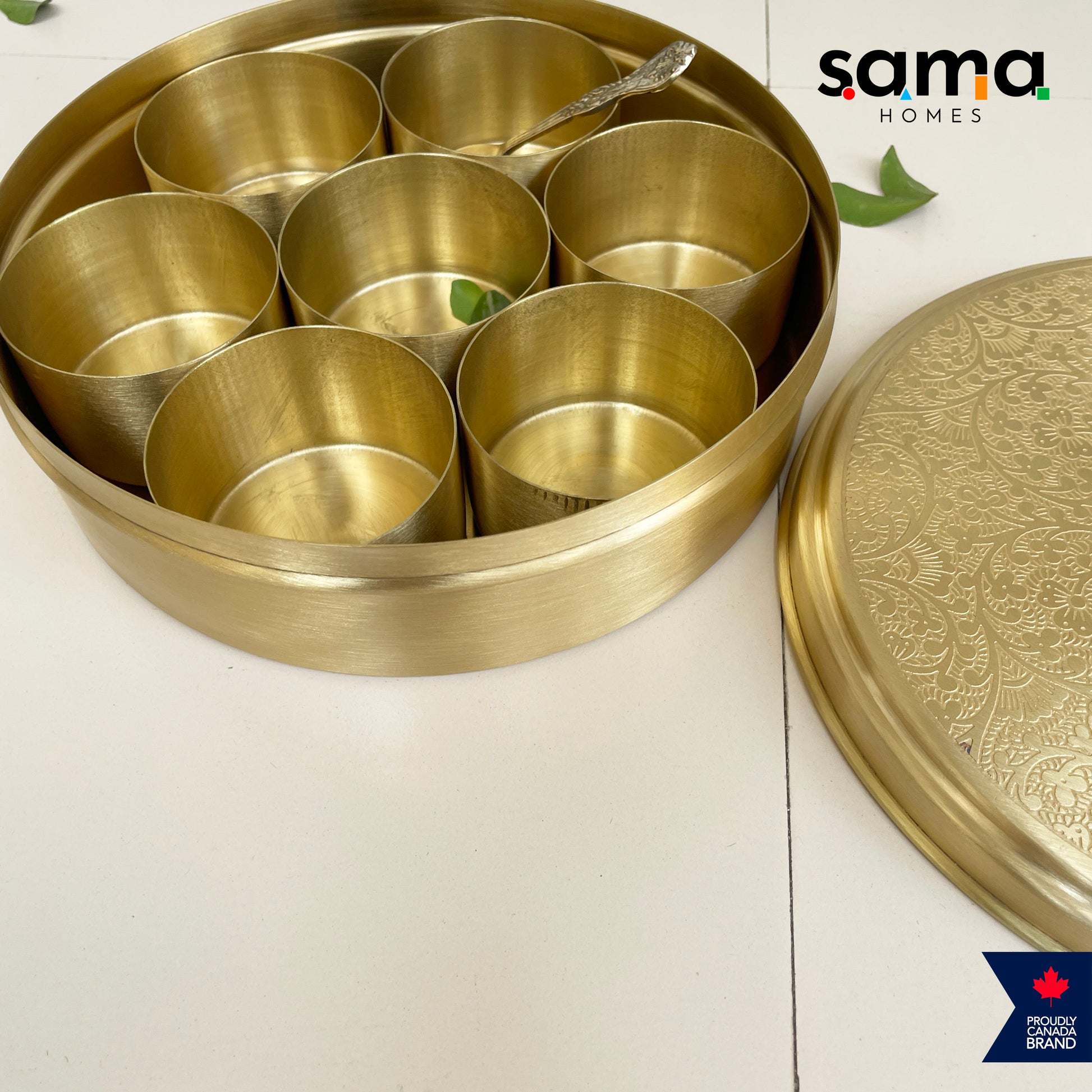 Elegant Handcrafted Brass Spice Box Etched Design | Matte Finish | Masala Box | 7 Containers with Spoon | 7 Inches and 9 Inches - Sama Homes