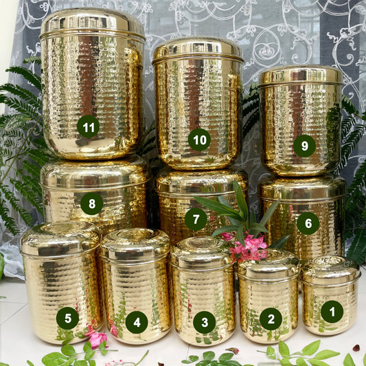 Brass Hammered Storage Canister Set | Pulse Storage Box | Pantry Essentials | Deep Dabba Box | Dal Box | Available in Set - Sama Homes