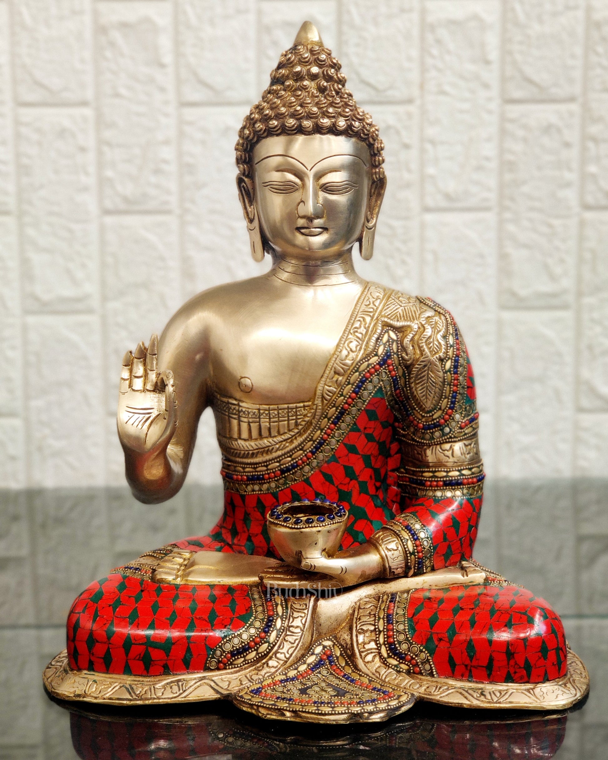 Image of Buddha Brass Idol in Aashirwaad Abhaya Mudra 17 inch | span Witness brilliance | Premium Brass & Wood Decor | Sama Homes - Eco-friendly - Sama Homes