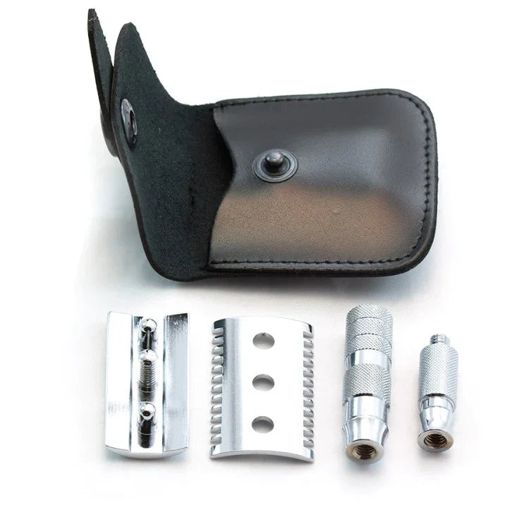 Merkur 3-Piece Travel DE Safety Razor, Open Comb, Chrome, Travel Size with Leather Case - Image 2
