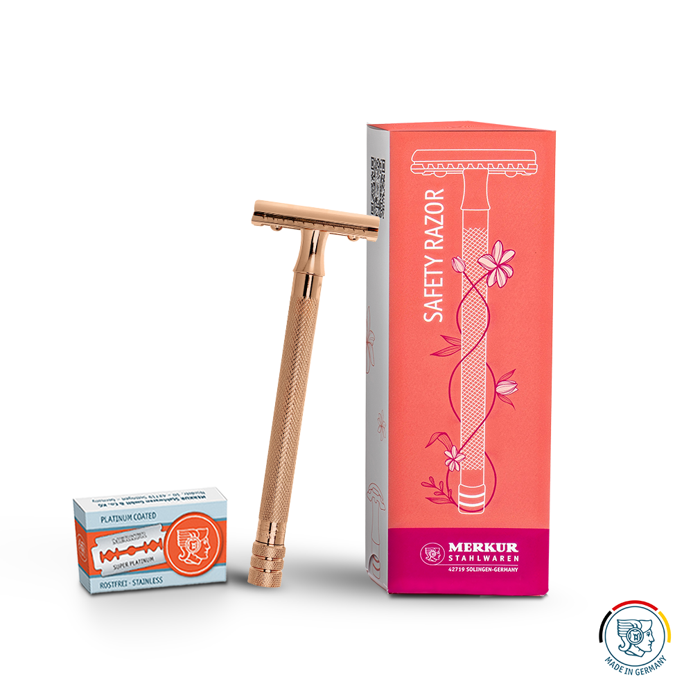 Merkur 3-Piece Ladies DE Safety Razor, Closed Comb, Knurled Extra Long Handle, Rose Gold, Pink Box by Merkur - Double Edge Safety Razors