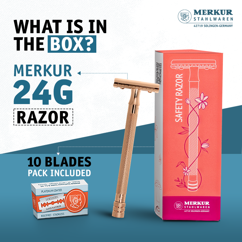 Merkur 3-Piece Ladies DE Safety Razor, Closed Comb, Knurled Extra Long Handle, Rose Gold, Pink Box