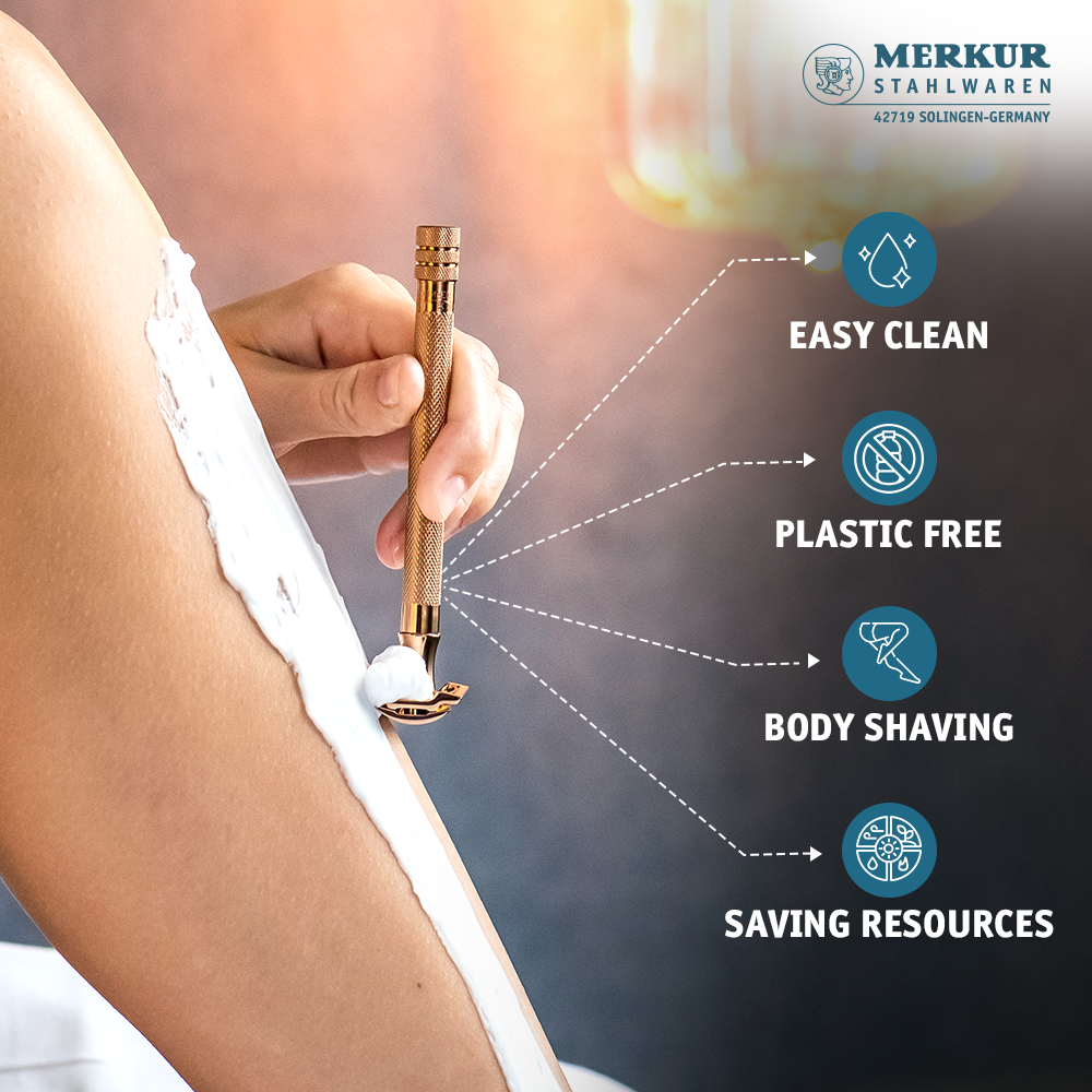 Merkur 3-Piece Ladies DE Safety Razor, Closed Comb, Knurled Extra Long Handle, Rose Gold, Pink Box by Merkur - Double Edge Safety Razors (View 5)
