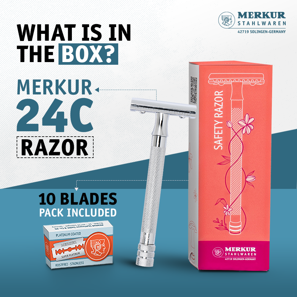 Merkur 3-Piece Ladies DE Safety Razor, Closed Comb, Knurled Extra Long Handle, Chrome, Pink Box - Image 2