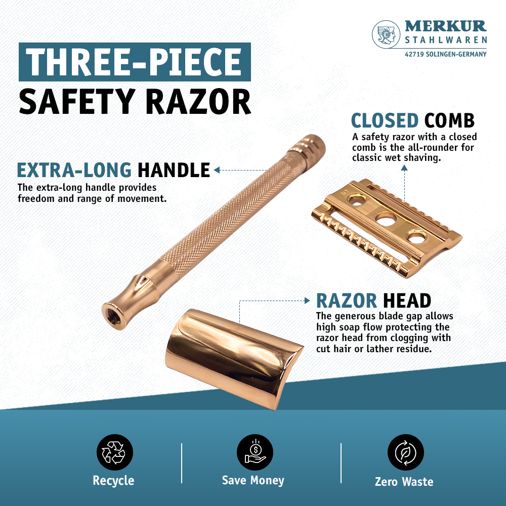 Merkur 3-Piece Ladies DE Safety Razor, Closed Comb, Knurled Extra Long Handle, Rose Gold, Pink Box - Image 3