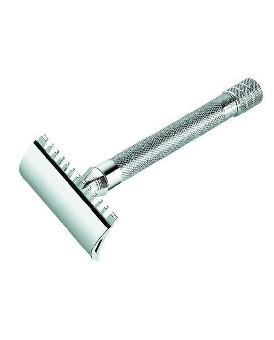 Merkur 25C 3-Piece DE Safety Razor, Open Tooth Comb, Knurled Extra Long Handle, Chrome - Image 2