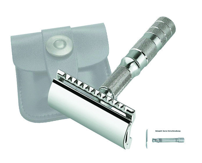 Merkur 3-Piece Travel DE Safety Razor, Straight Cut, Chrome, Travel Size with Leather Case - Image 3
