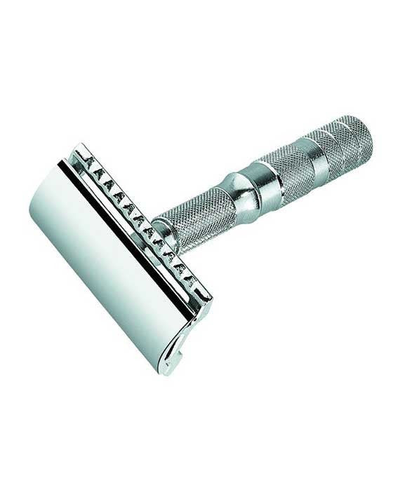 Merkur 3-Piece Travel DE Safety Razor, Straight Cut, Chrome, Travel Size with Leather Case - Eco-friendly - Sama Homes
