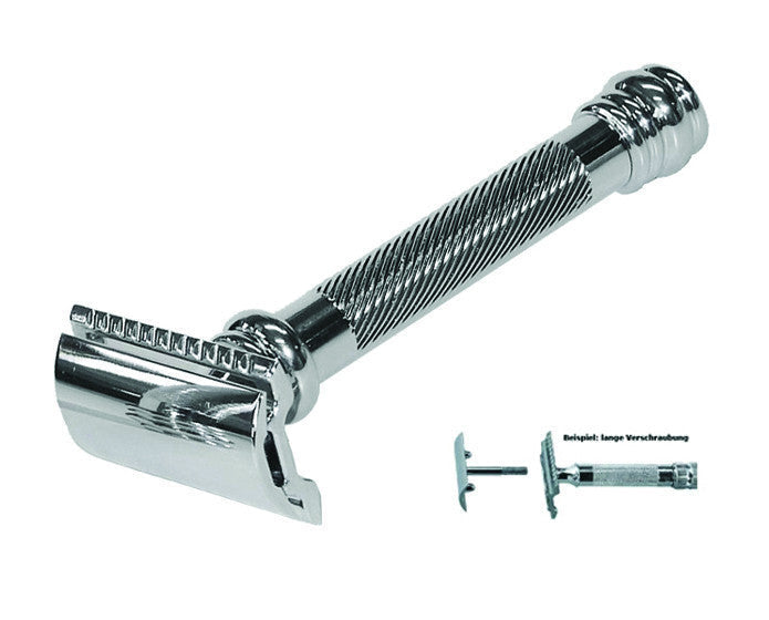 Chrome safety razor with two additional blades on a white background