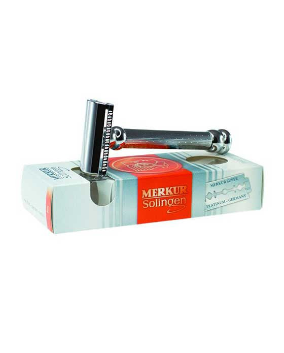 Merkur 2-Piece DE Safety Razor, Closed Comb, Extra Long Engine-Turned Handle, Chrome - Eco-friendly - Sama Homes