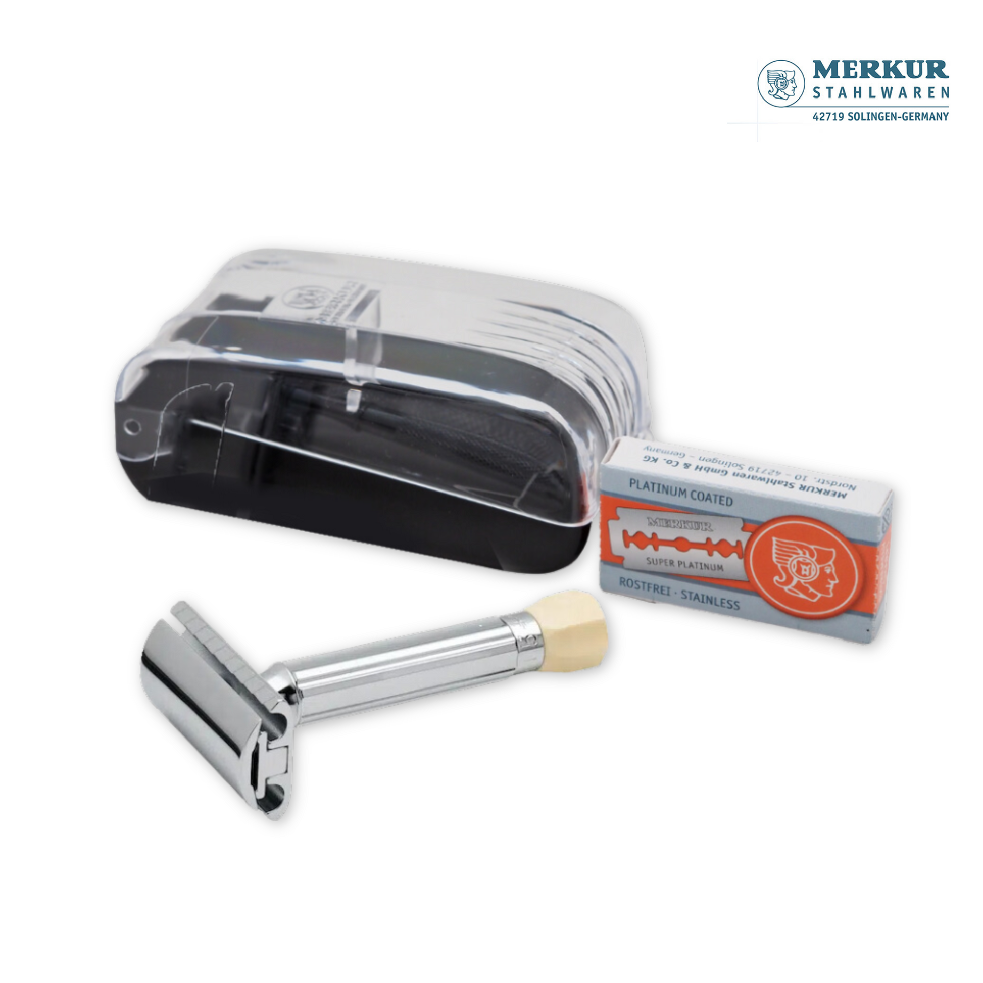 Merkur 3-Piece Shaving Set with Progress Adjustable Razor (500001), Hard Case and 10pack of blades, Chrome - Image 2