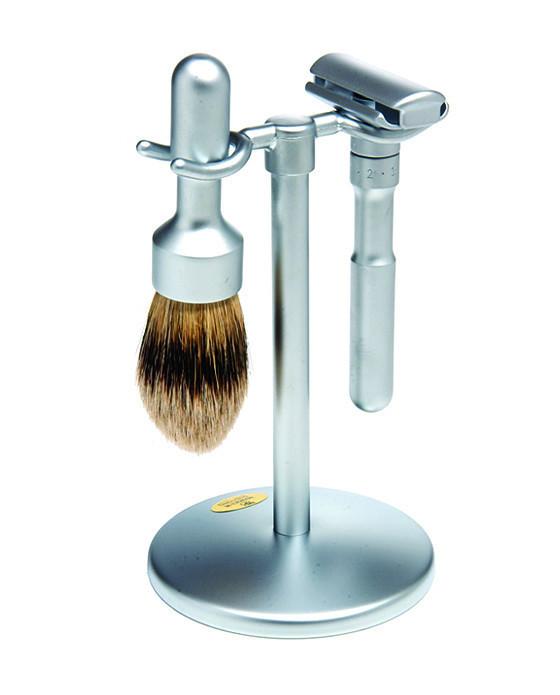 Merkur 3-Piece Shaving Set with Futur Adjustable Razor (700002), Silver Tip Badger Shave Brush and 3-Piece Razor Stand, Matte - Eco-friendly - Sama Homes