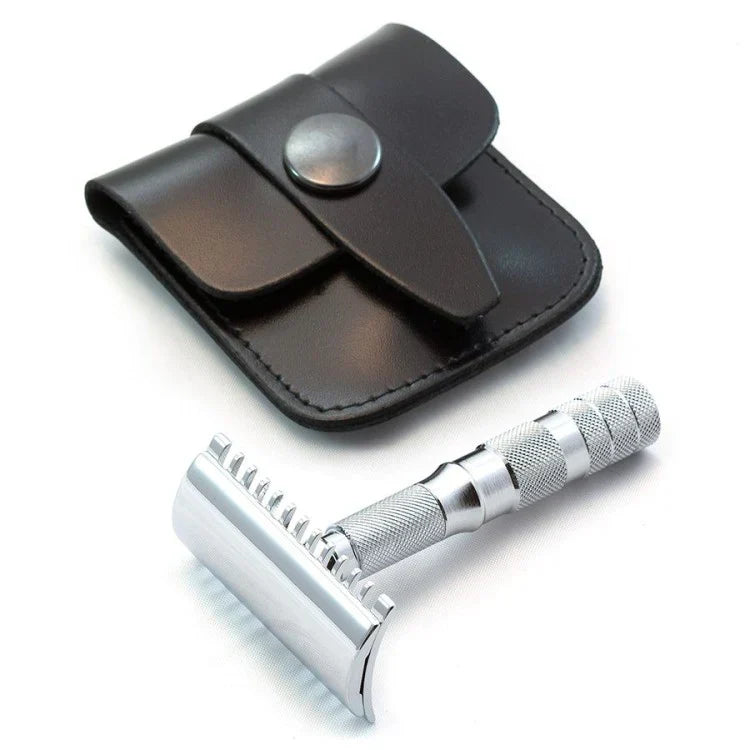Merkur 3-Piece Travel DE Safety Razor, Open Comb, Chrome, Travel Size with Leather Case - Eco-friendly - Sama Homes