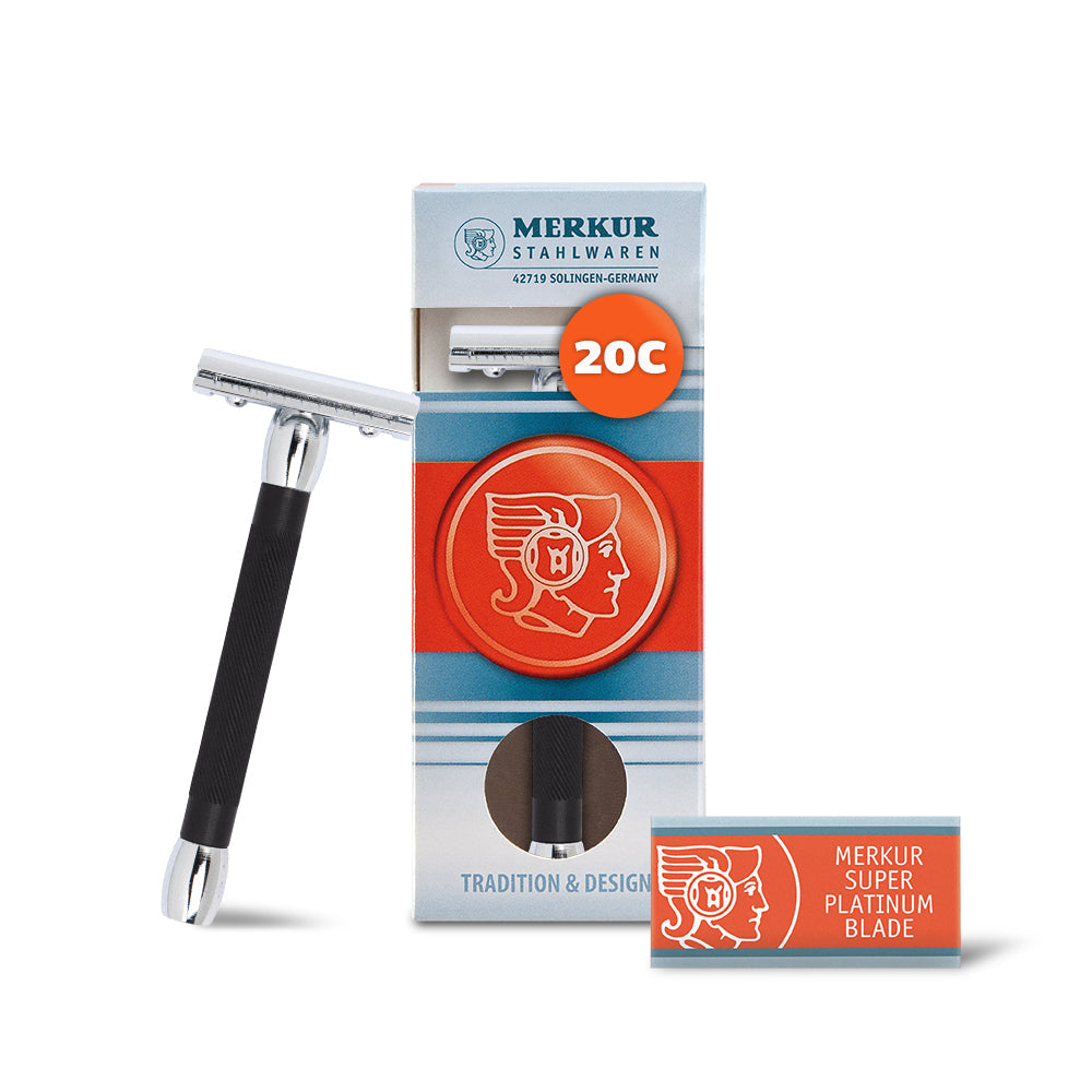 Merkur 20B 3-Piece DE Safety Razor, Closed Comb, Long Handle, Bright Chrome/ Black - Eco-friendly - Sama Homes