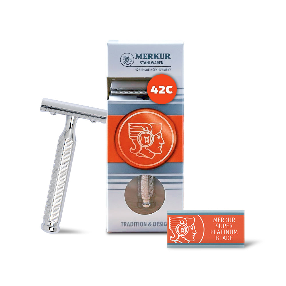 Merkur 42C 3-Piece DE Safety Razor, Closed Comb, Classic 1906 Etched Handle, Chrome by Merkur - Double Edge Safety Razors