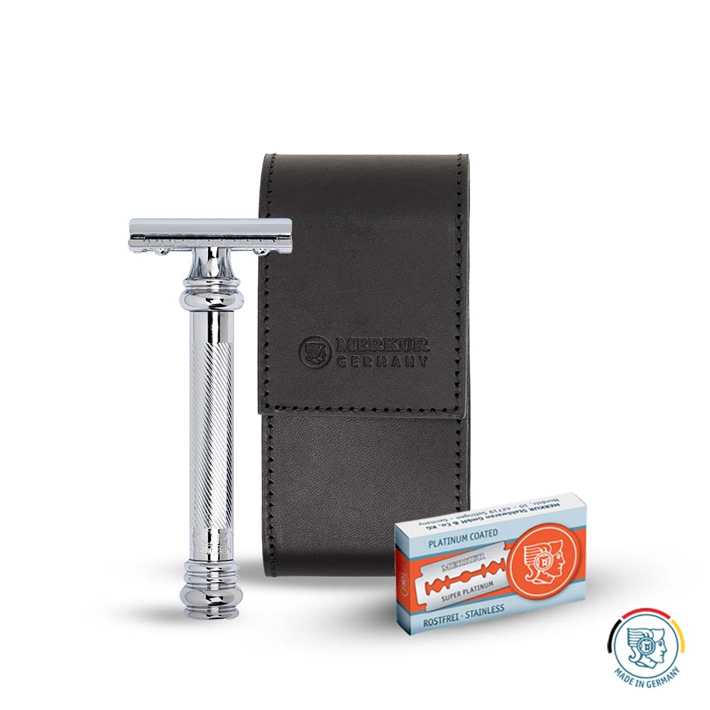Merkur Leather Case filled with 38001 and 10 Blades, Black - Eco-friendly - Sama Homes