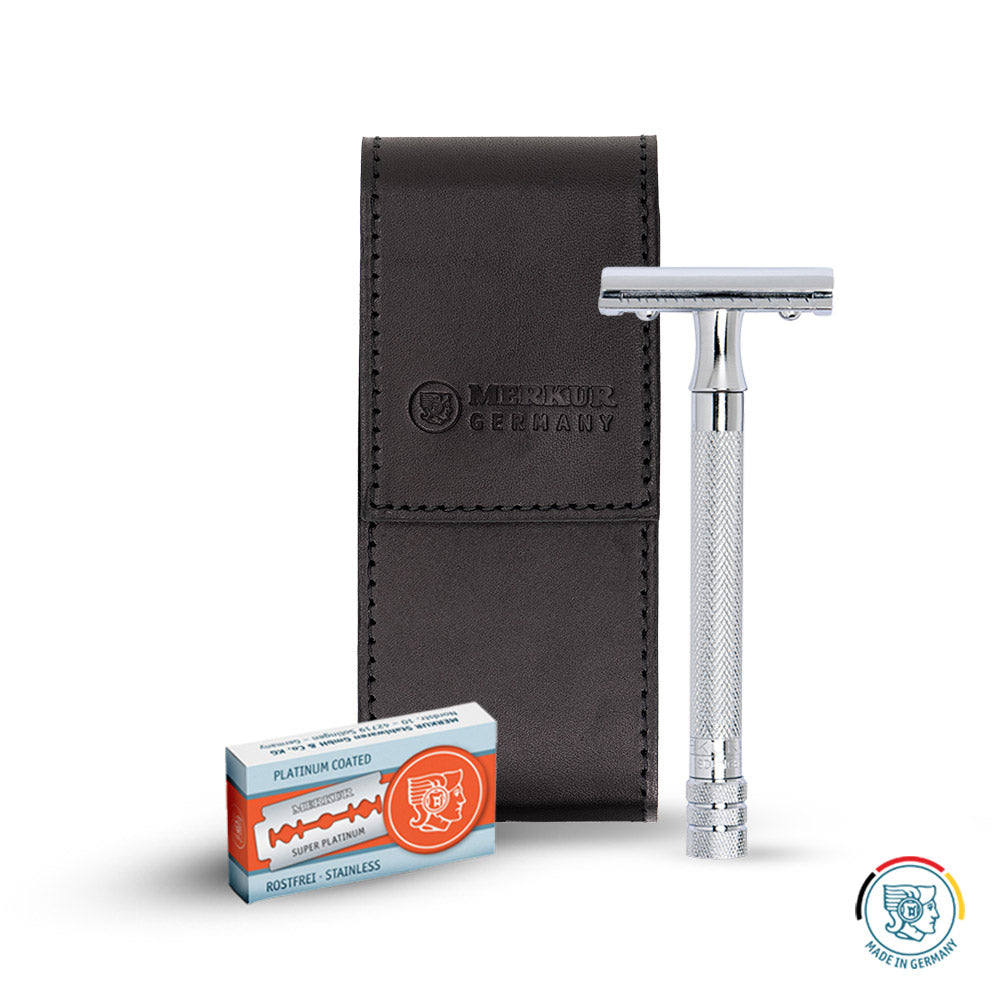 Merkur 23C Safety Razor Travel Set – Black Leather Case and 10 Blades - Eco-friendly - Sama Homes