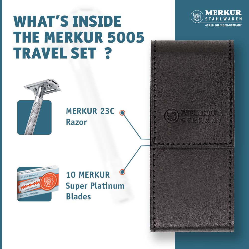Merkur 23C Safety Razor Travel Set – Black Leather Case and 10 Blades - Image 2