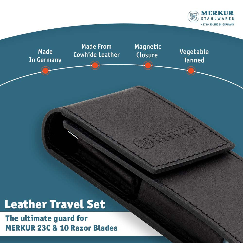 Merkur 23C Safety Razor Travel Set – Black Leather Case and 10 Blades - Image 4
