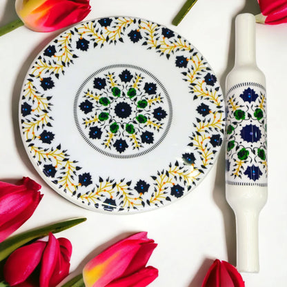 Handcrafted White Marble Roti Maker with Wooden Belan Enamel Prints | Indian Chakla Belan 10 Inch with Diameter