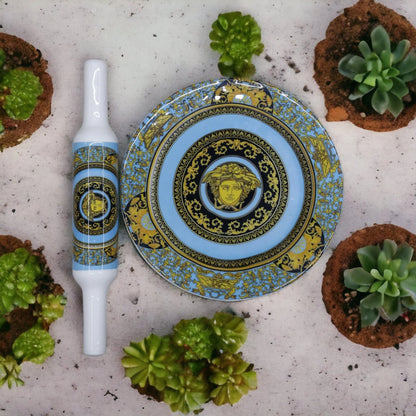 Handcrafted White Marble Roti Maker with Wooden Belan Enamel Prints | Indian Chakla Belan 10 Inch with Diameter