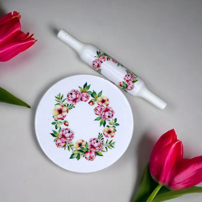 Handcrafted White Marble Roti Maker with Wooden Belan Enamel Prints | Indian Chakla Belan 10 Inch with Diameter