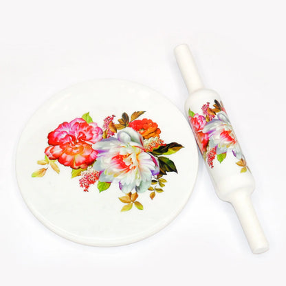 Handcrafted White Marble Roti Maker with Wooden Belan Enamel Prints | Indian Chakla Belan 10 Inch with Diameter