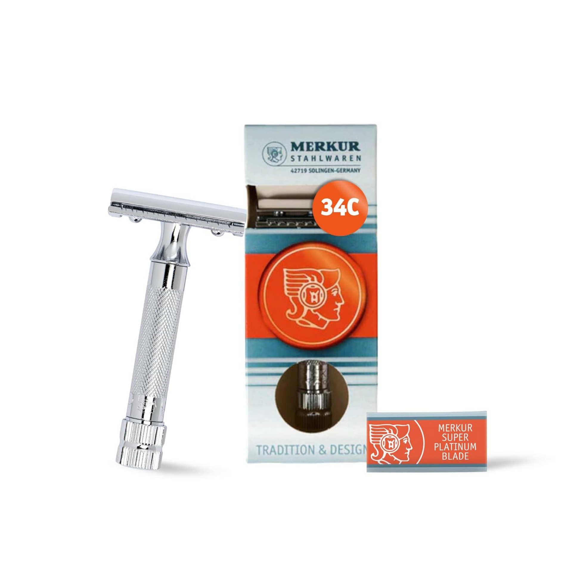 Merkur 34C 2-Piece DE Safety Razor, Closed Comb, Knurled Extra Thick Handle (HD), Chrome - Eco-friendly - Sama Homes