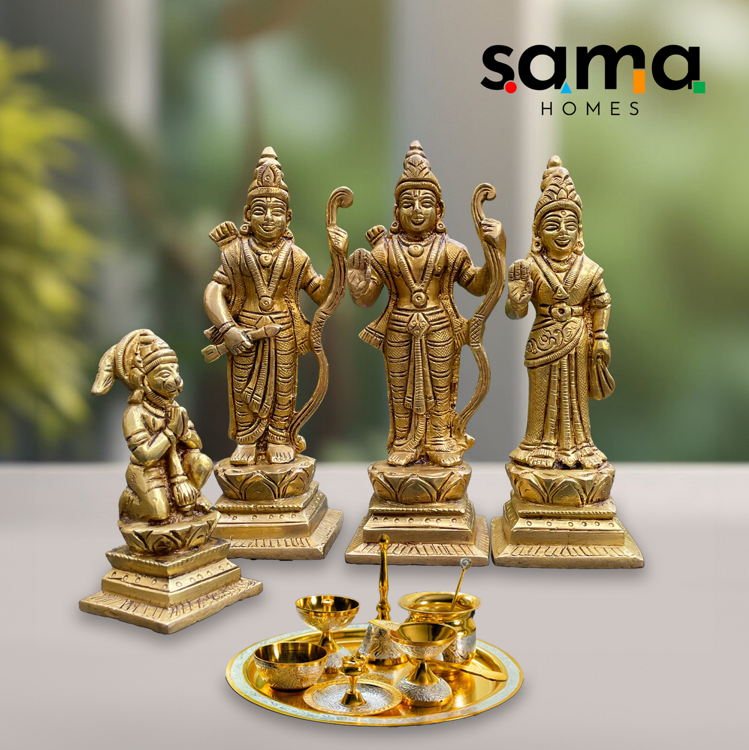 Exquisite Ram Darbar Brass Statue Including Sita, Lakshman, and Hanuman Idols with Pooja Thali – Sama Homes