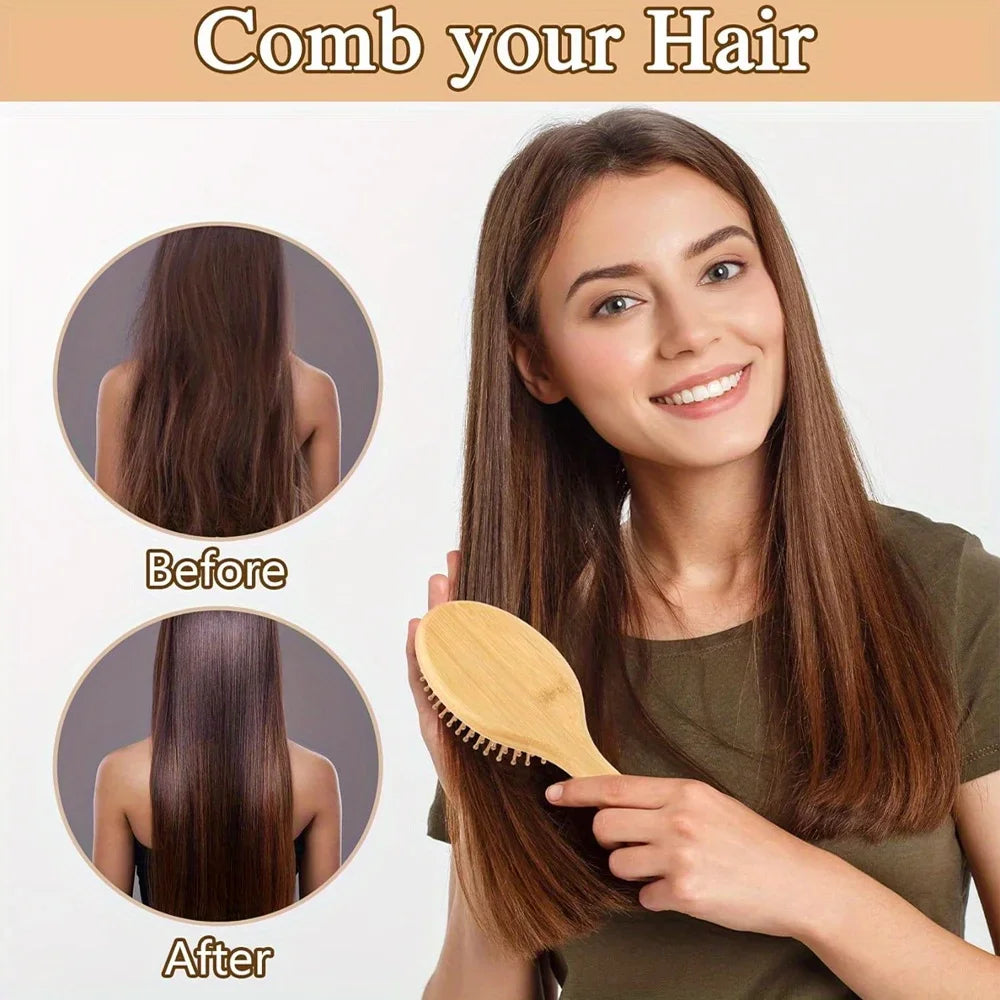 Woman combing her hair with a wooden brush, showing before and after results.