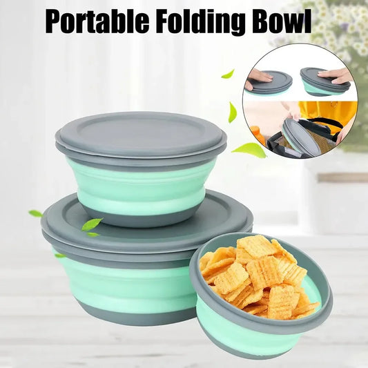 3-piece set with lid salad bowl set  silicone folding bowl foldable lunch box  portable