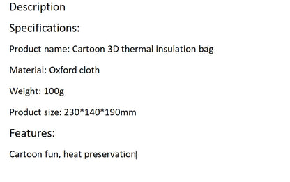 Tote Lunch Box Bag Cartoon 3D Three-Dimensional Insulation Student Lunch Bag Thickened Aluminum Foil Insulation