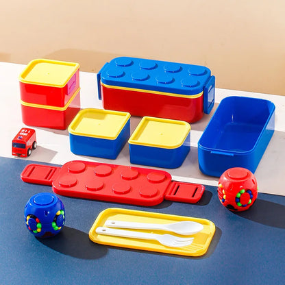 1050/1300ML Building Block Lunch Box with Tableware Portable Double Layer Bento Box for Student Office Fruit Salad Sealed Box