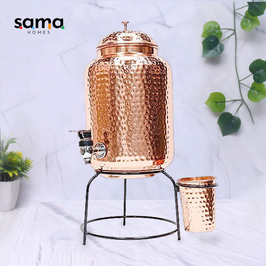 Pure Copper Hammered Water Dispenser with Glass and Stand (Matka) Combo 5000ml - Sama Homes