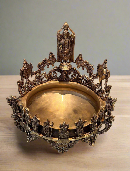 Large Pure Brass Dashavatar Urli - Decorative Indian Bowl for Home Decor & Festive Ambiance